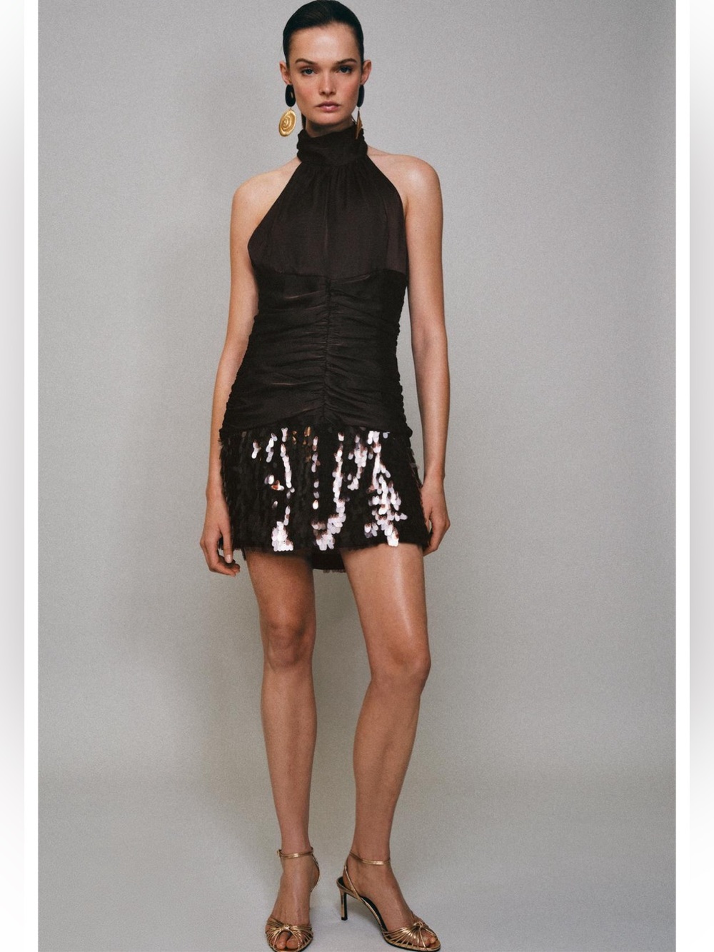 Halter Ruched Sequin Hem Cocktail Dress - brown